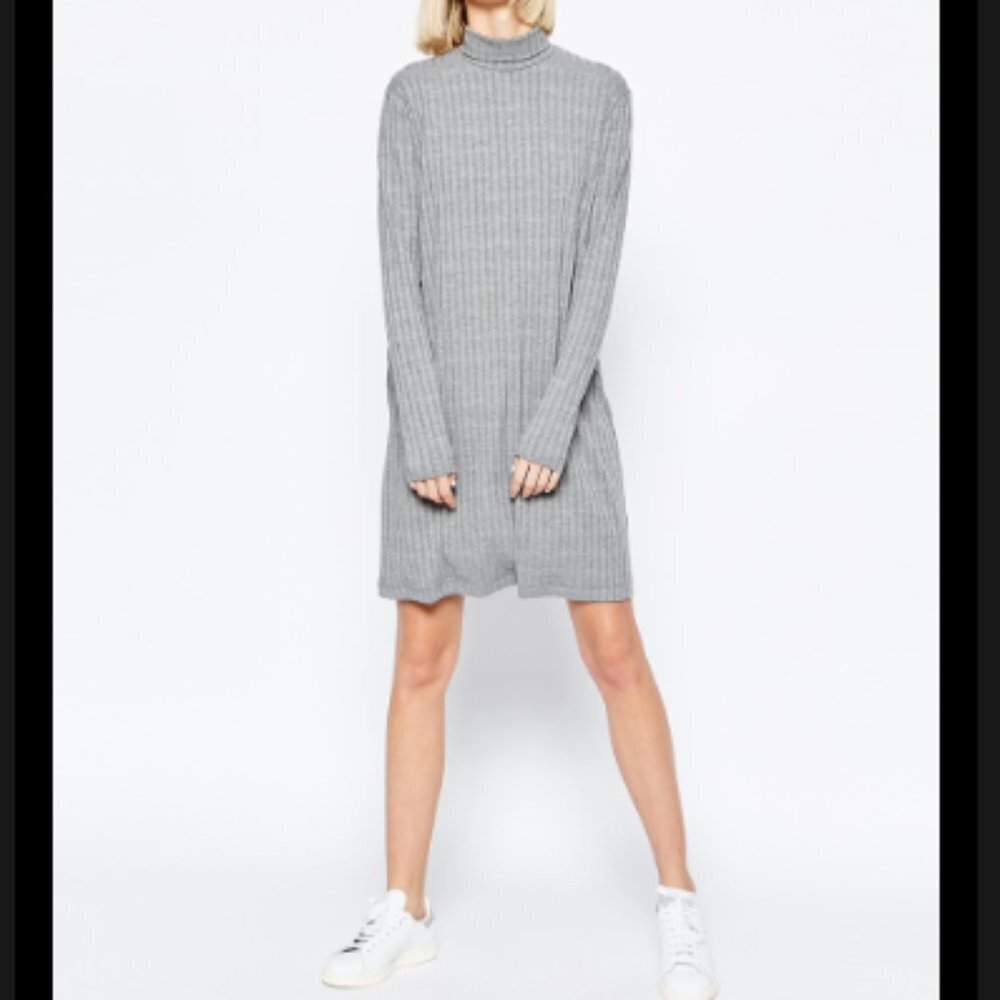 Weekday Meta Ribbed Mock Turtleneck Long Sleeve Jersey Dress Gray S